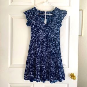Navy blue summer dress, tear drop pattern, flutter sleeve, ruffle skirt